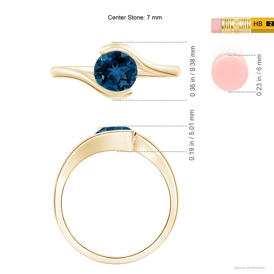 7mm AAA Semi Bezel-Set Solitaire Round London Blue Topaz Bypass Ring in 18K Yellow Gold ruler