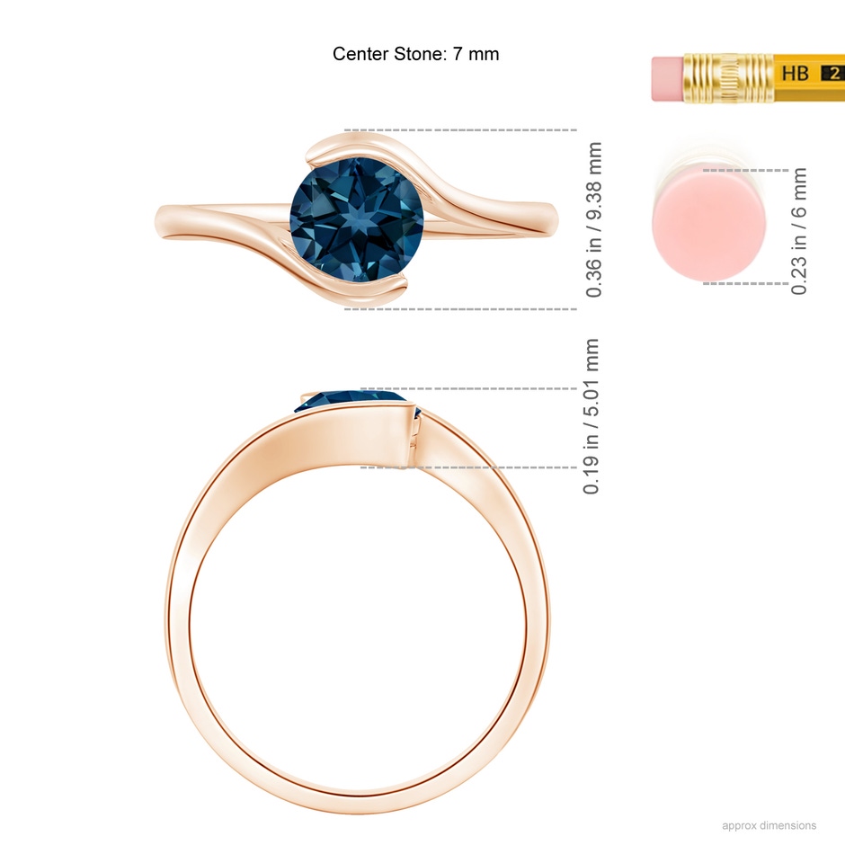 7mm AAAA Semi Bezel-Set Solitaire Round London Blue Topaz Bypass Ring in 18K Rose Gold ruler