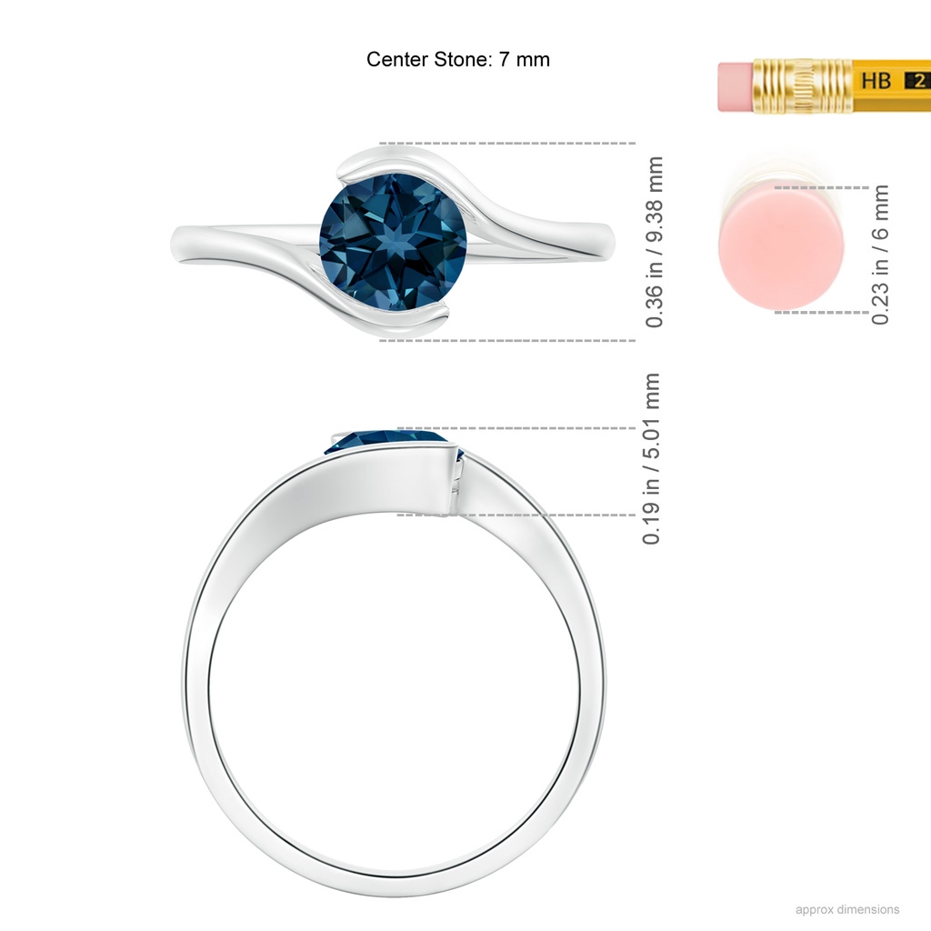 7mm AAAA Semi Bezel-Set Solitaire Round London Blue Topaz Bypass Ring in White Gold Ruler