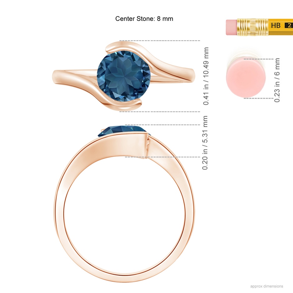 8mm AA Semi Bezel-Set Solitaire Round London Blue Topaz Bypass Ring in 18K Rose Gold ruler
