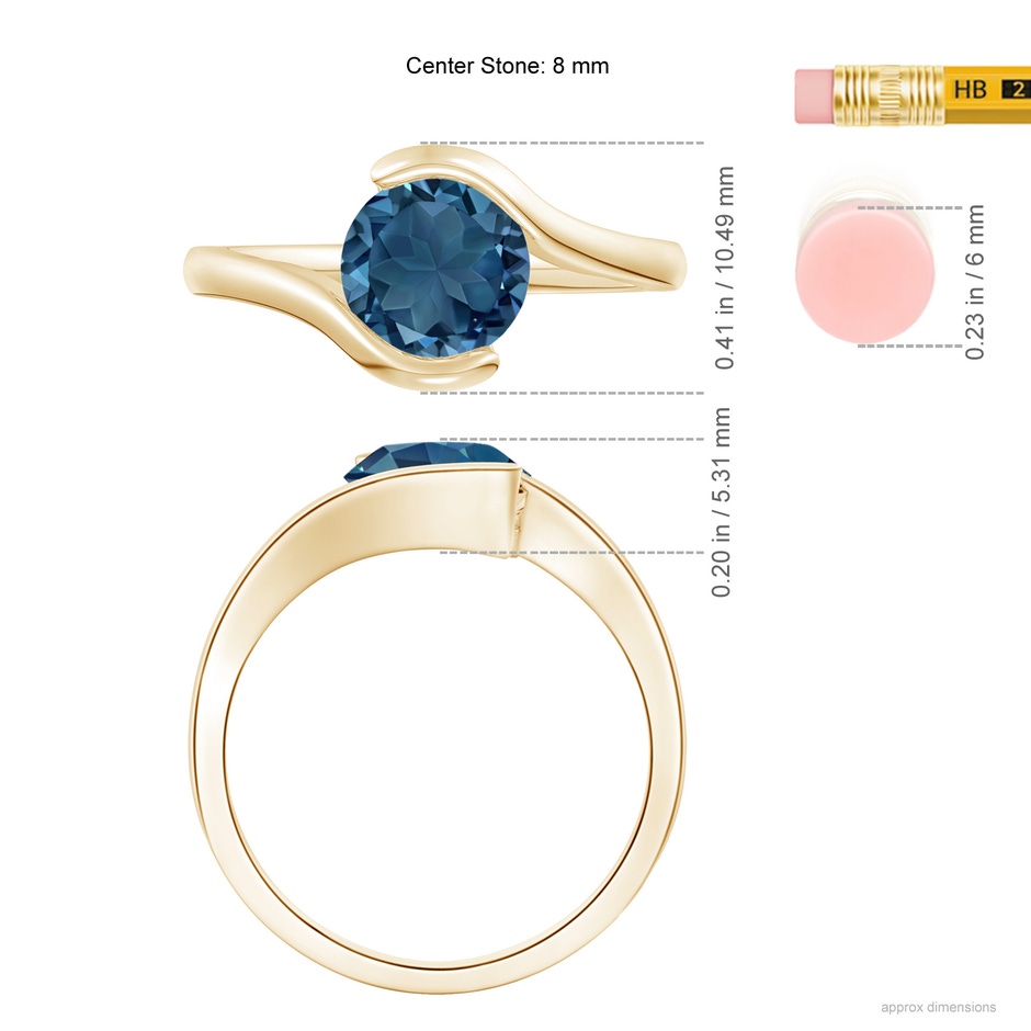 8mm AA Semi Bezel-Set Solitaire Round London Blue Topaz Bypass Ring in 18K Yellow Gold ruler