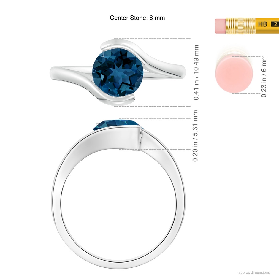 8mm AAA Semi Bezel-Set Solitaire Round London Blue Topaz Bypass Ring in P950 Platinum ruler