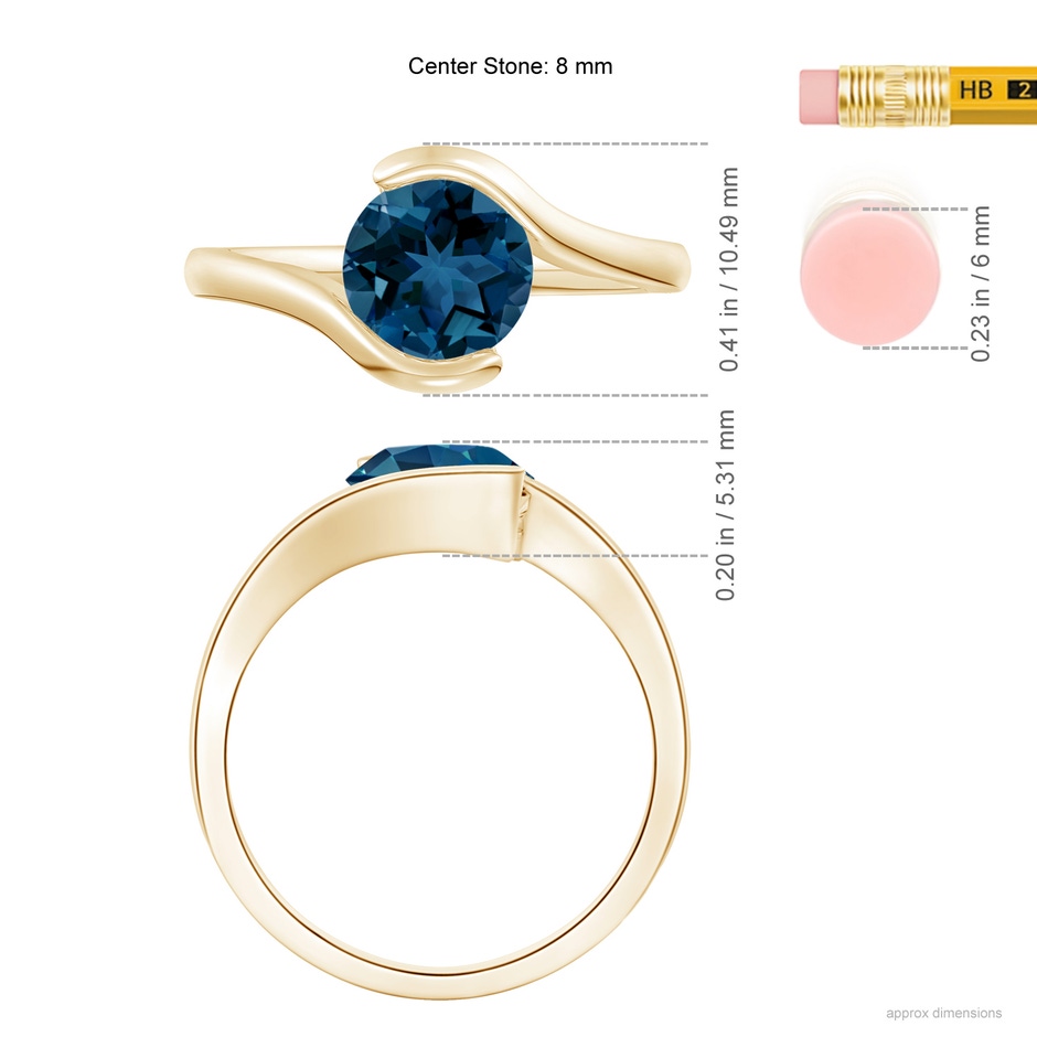 8mm AAA Semi Bezel-Set Solitaire Round London Blue Topaz Bypass Ring in Yellow Gold ruler