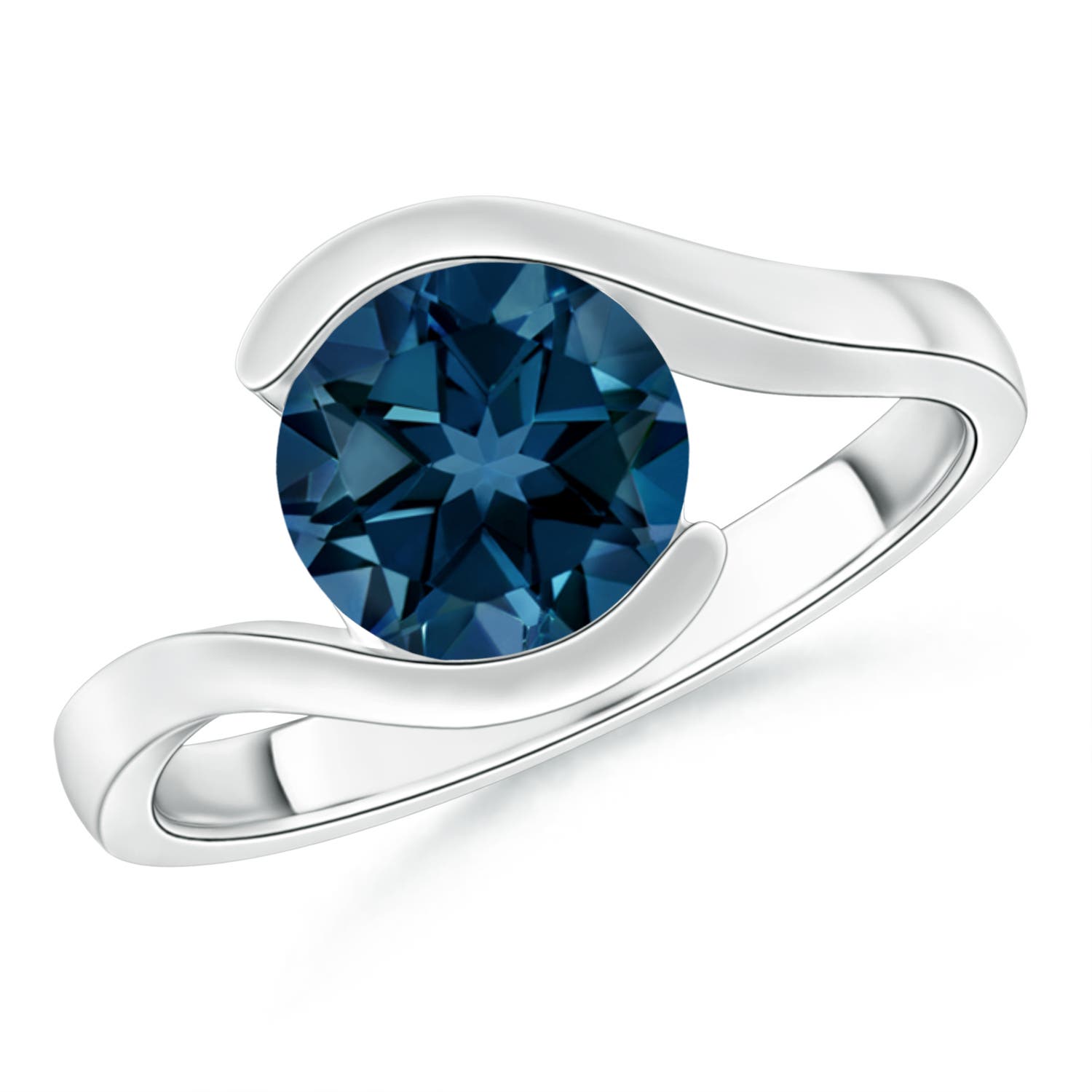 8mm AAAA Semi Bezel-Set Solitaire Round London Blue Topaz Bypass Ring in 18CT White Gold