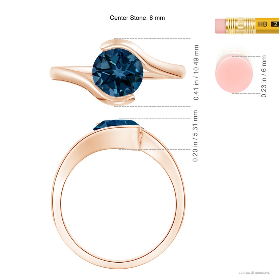 8mm AAAA Semi Bezel-Set Solitaire Round London Blue Topaz Bypass Ring in Rose Gold ruler