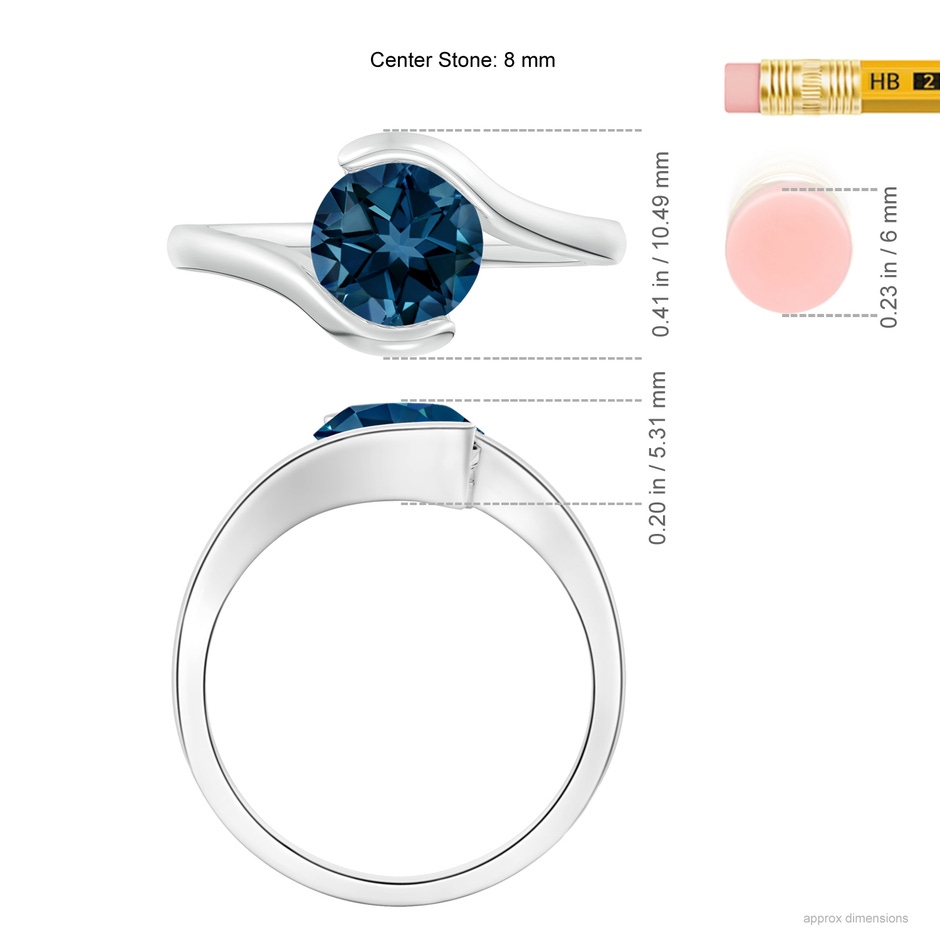 8mm AAAA Semi Bezel-Set Solitaire Round London Blue Topaz Bypass Ring in White Gold ruler