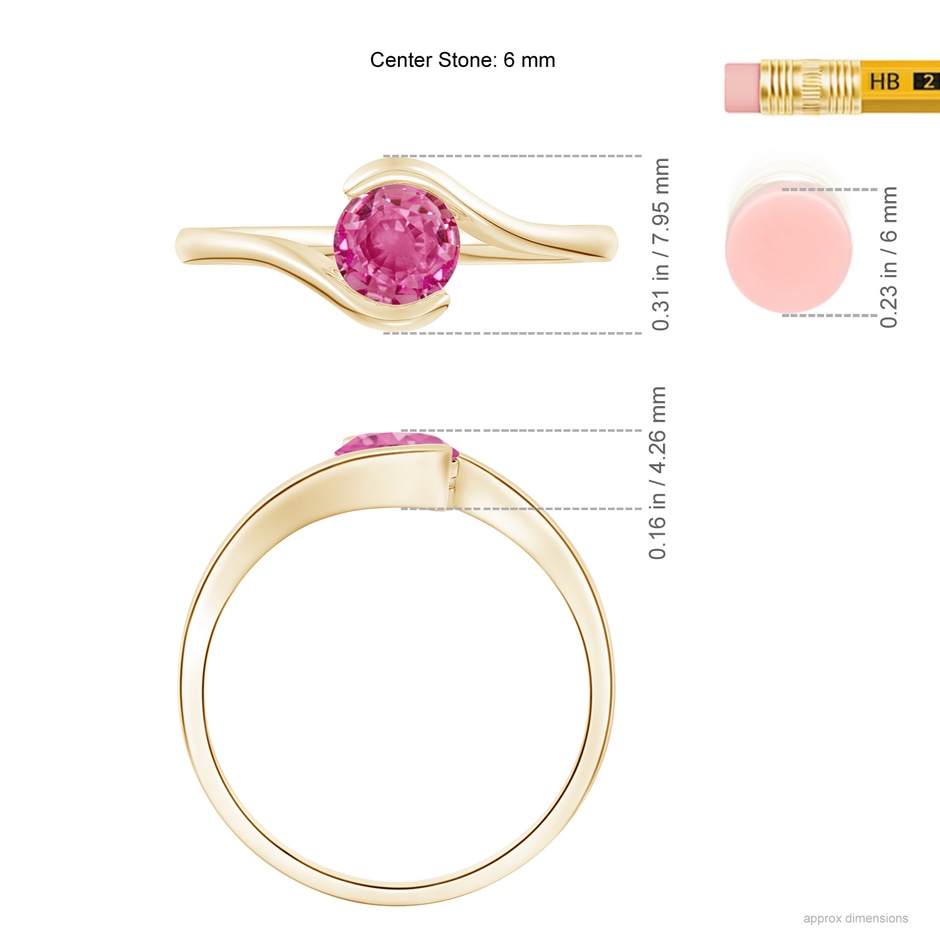 5.5mm AAA Semi Bezel-Set Solitaire Round Pink Sapphire Bypass Ring in Yellow Gold ruler