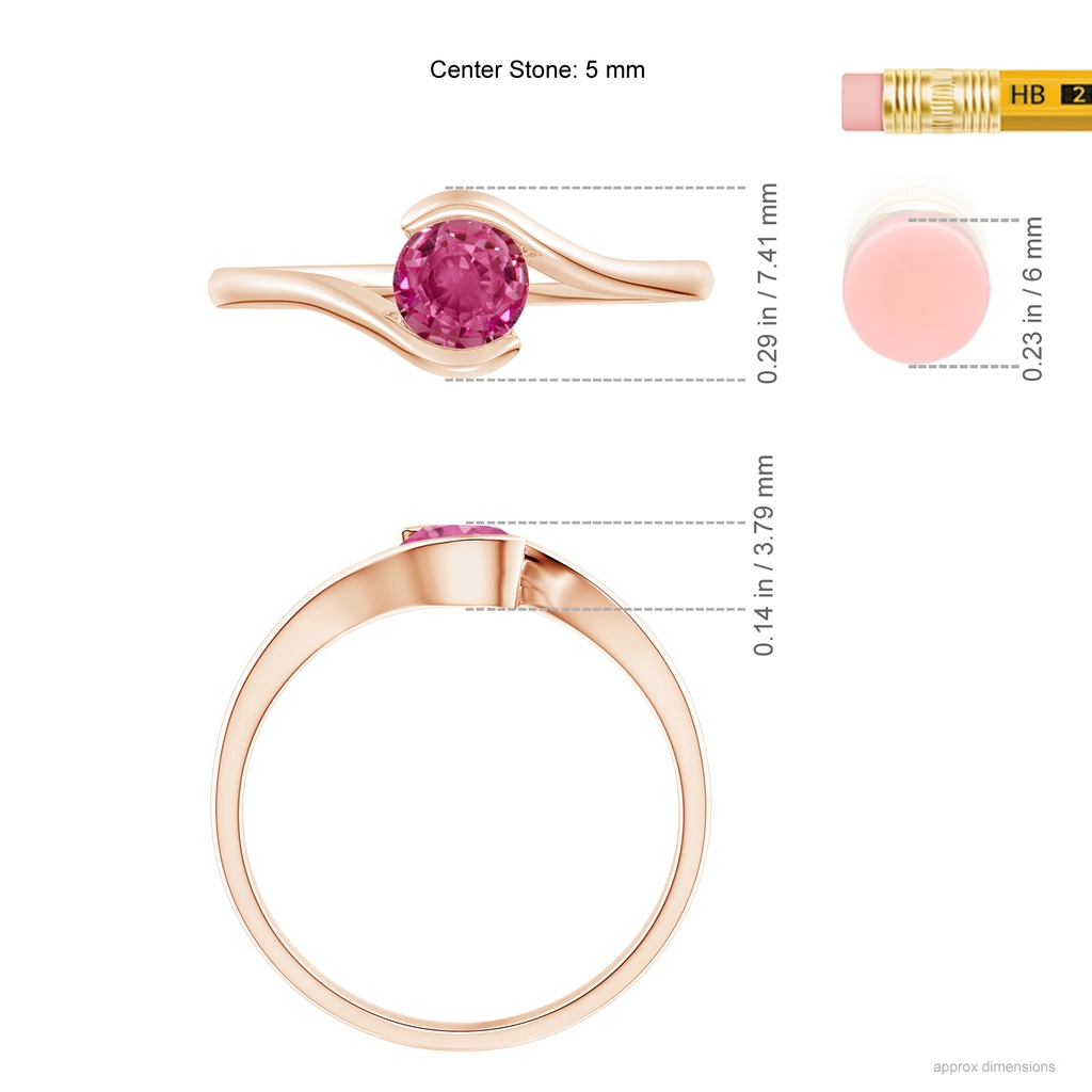 5mm AAAA Semi Bezel-Set Solitaire Round Pink Sapphire Bypass Ring in Rose Gold Ruler