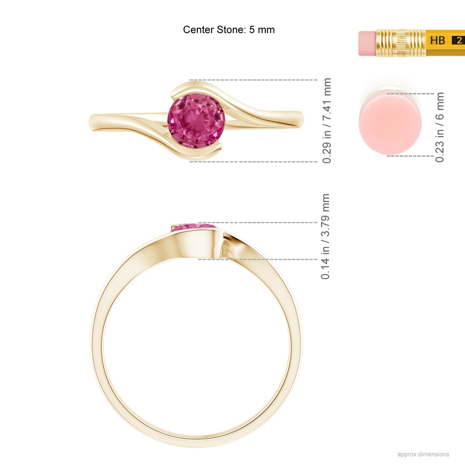 5mm AAAA Semi Bezel-Set Solitaire Round Pink Sapphire Bypass Ring in Yellow Gold ruler