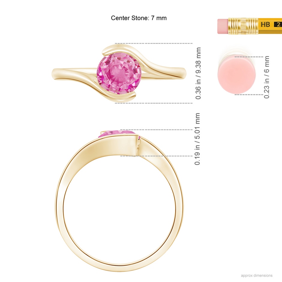 6.5mm AA Semi Bezel-Set Solitaire Round Pink Sapphire Bypass Ring in Yellow Gold ruler