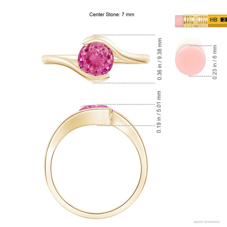 6.5mm AAA Semi Bezel-Set Solitaire Round Pink Sapphire Bypass Ring in Yellow Gold Ruler