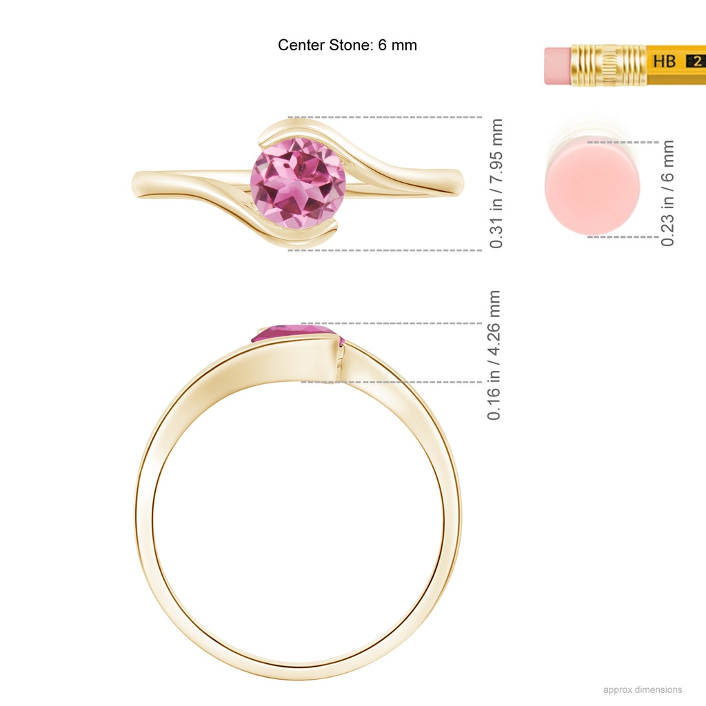 6mm AAA Semi Bezel-Set Solitaire Round Pink Tourmaline Bypass Ring in Yellow Gold Ruler