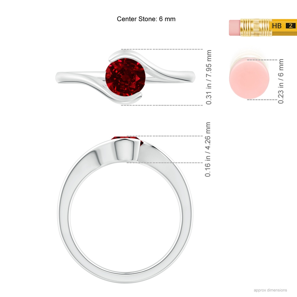 5.5mm AAAA Semi Bezel-Set Solitaire Round Ruby Bypass Ring in White Gold ruler