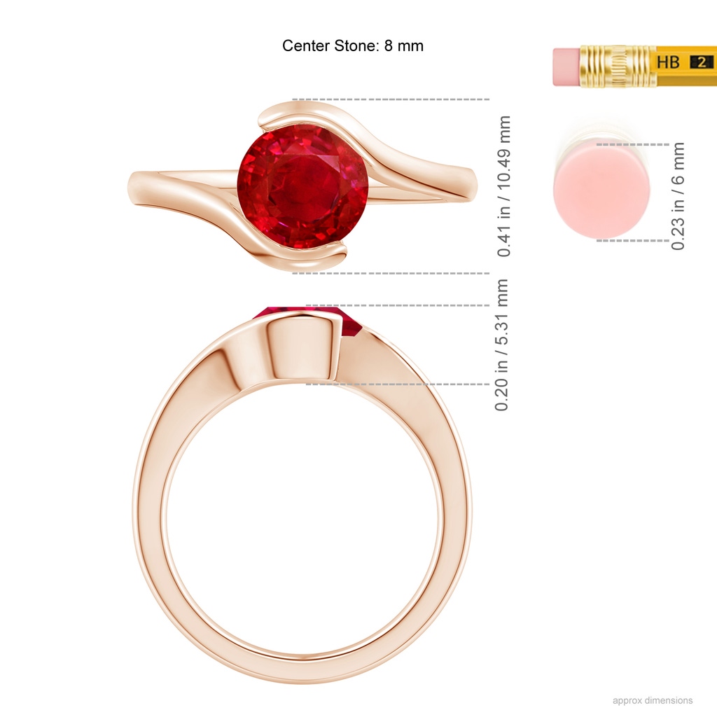 7.5mm AAA Semi Bezel-Set Solitaire Round Ruby Bypass Ring in Rose Gold ruler