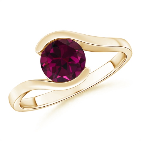 7mm AAA Semi Bezel-Set Solitaire Round Rhodolite Bypass Ring in 18K Yellow Gold