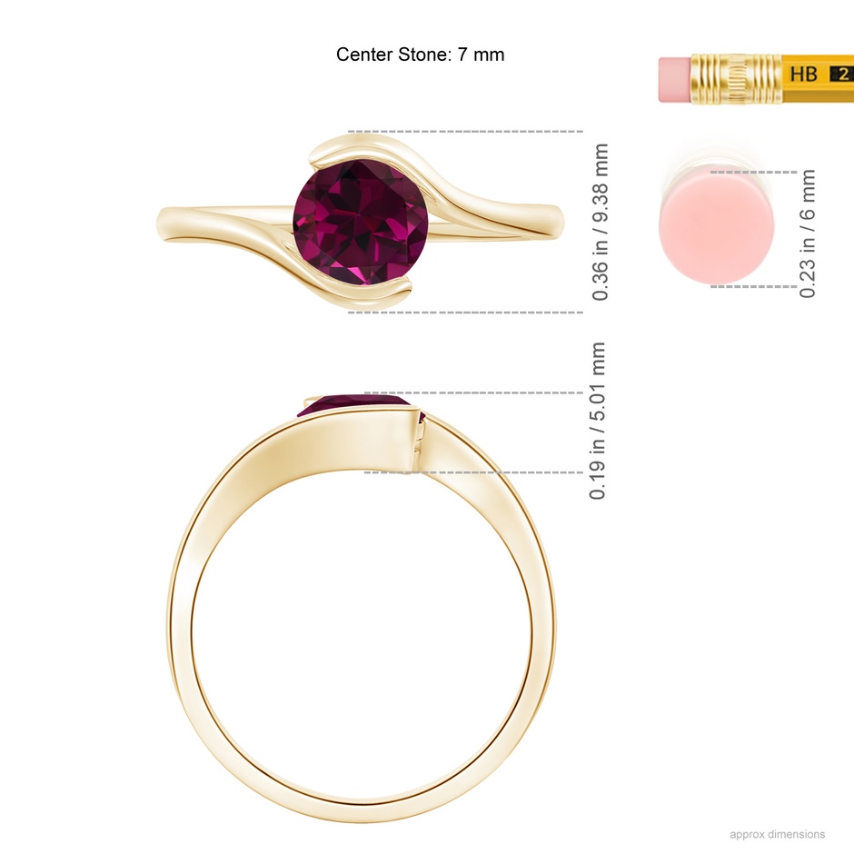 7mm AAA Semi Bezel-Set Solitaire Round Rhodolite Bypass Ring in 18K Yellow Gold ruler
