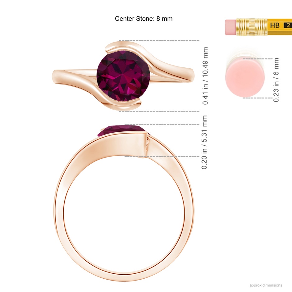 8mm AAAA Semi Bezel-Set Solitaire Round Rhodolite Bypass Ring in Rose Gold ruler