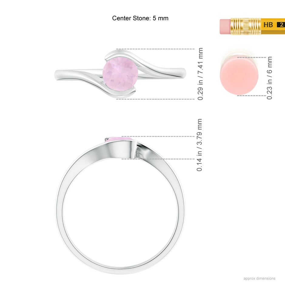 5mm AAA Semi Bezel-Set Solitaire Round Rose Quartz Bypass Ring in White Gold ruler