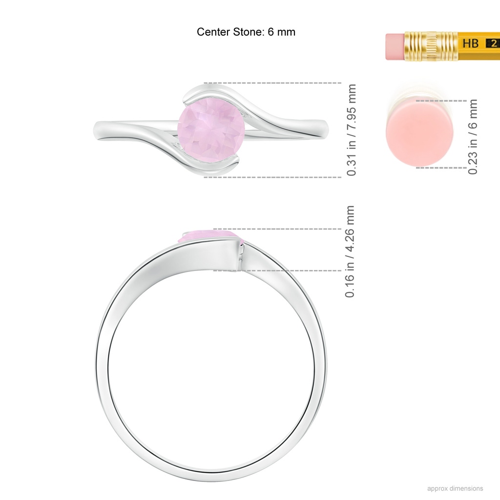 6mm AAA Semi Bezel-Set Solitaire Round Rose Quartz Bypass Ring in White Gold ruler