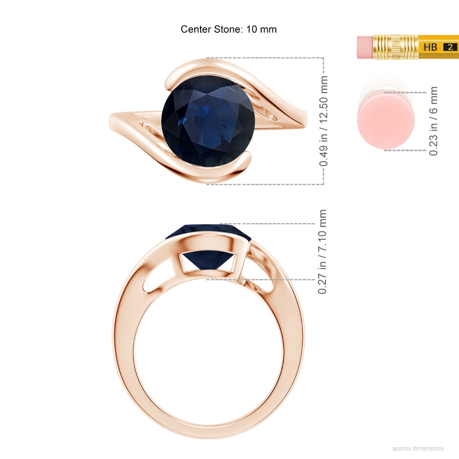 10mm A Semi Bezel-Set Solitaire Round Blue Sapphire Bypass Ring in Rose Gold ruler