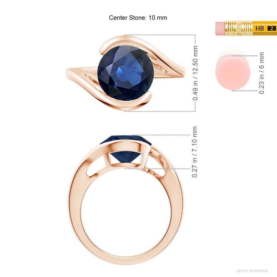 10mm AA Semi Bezel-Set Solitaire Round Blue Sapphire Bypass Ring in Rose Gold ruler