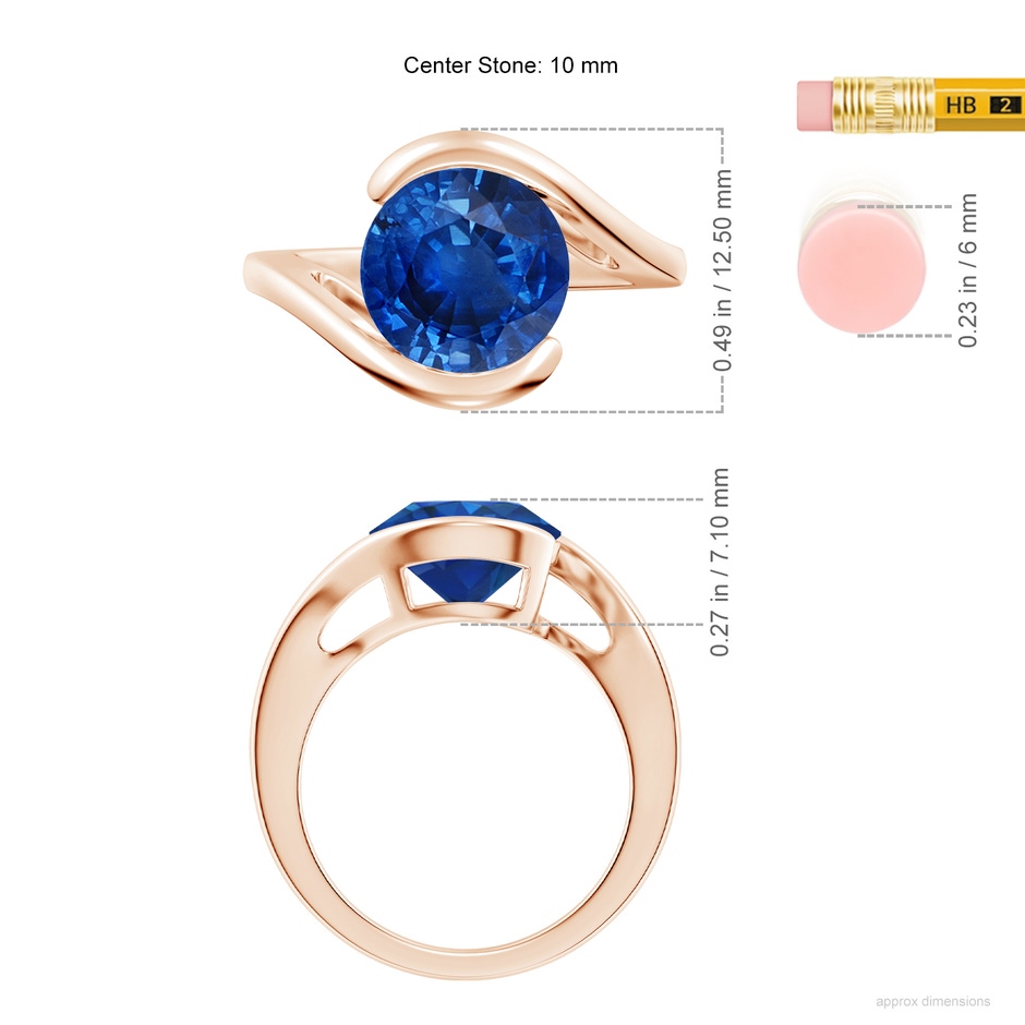 10mm AAA Semi Bezel-Set Solitaire Round Blue Sapphire Bypass Ring in Rose Gold ruler