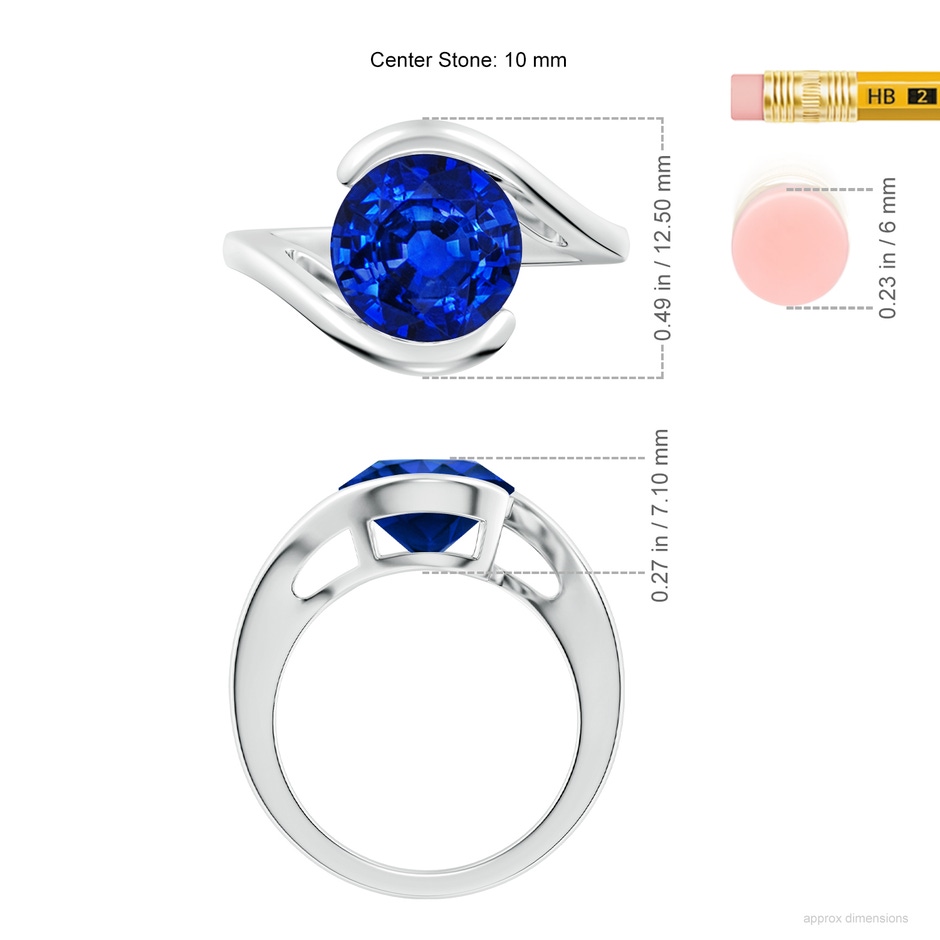 10mm AAAA Semi Bezel-Set Solitaire Round Blue Sapphire Bypass Ring in P950 Platinum ruler