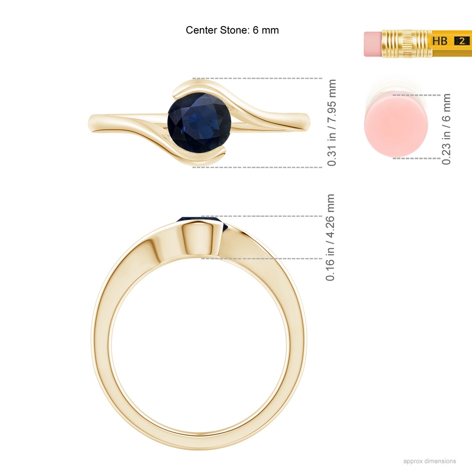 5.5mm A Semi Bezel-Set Solitaire Round Blue Sapphire Bypass Ring in Yellow Gold ruler