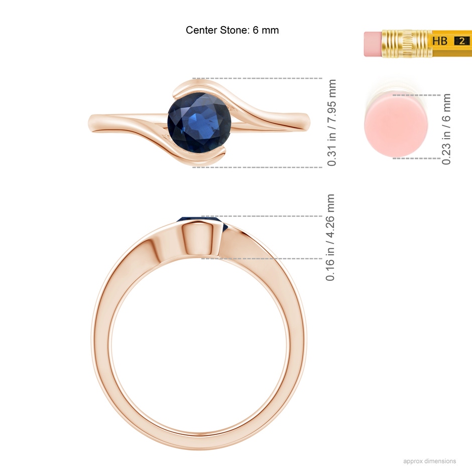 5.5mm AA Semi Bezel-Set Solitaire Round Blue Sapphire Bypass Ring in Rose Gold ruler