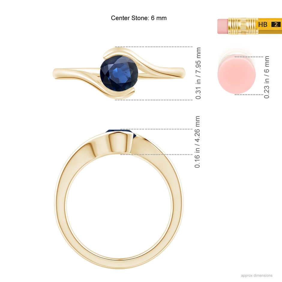 5.5mm AA Semi Bezel-Set Solitaire Round Blue Sapphire Bypass Ring in Yellow Gold ruler