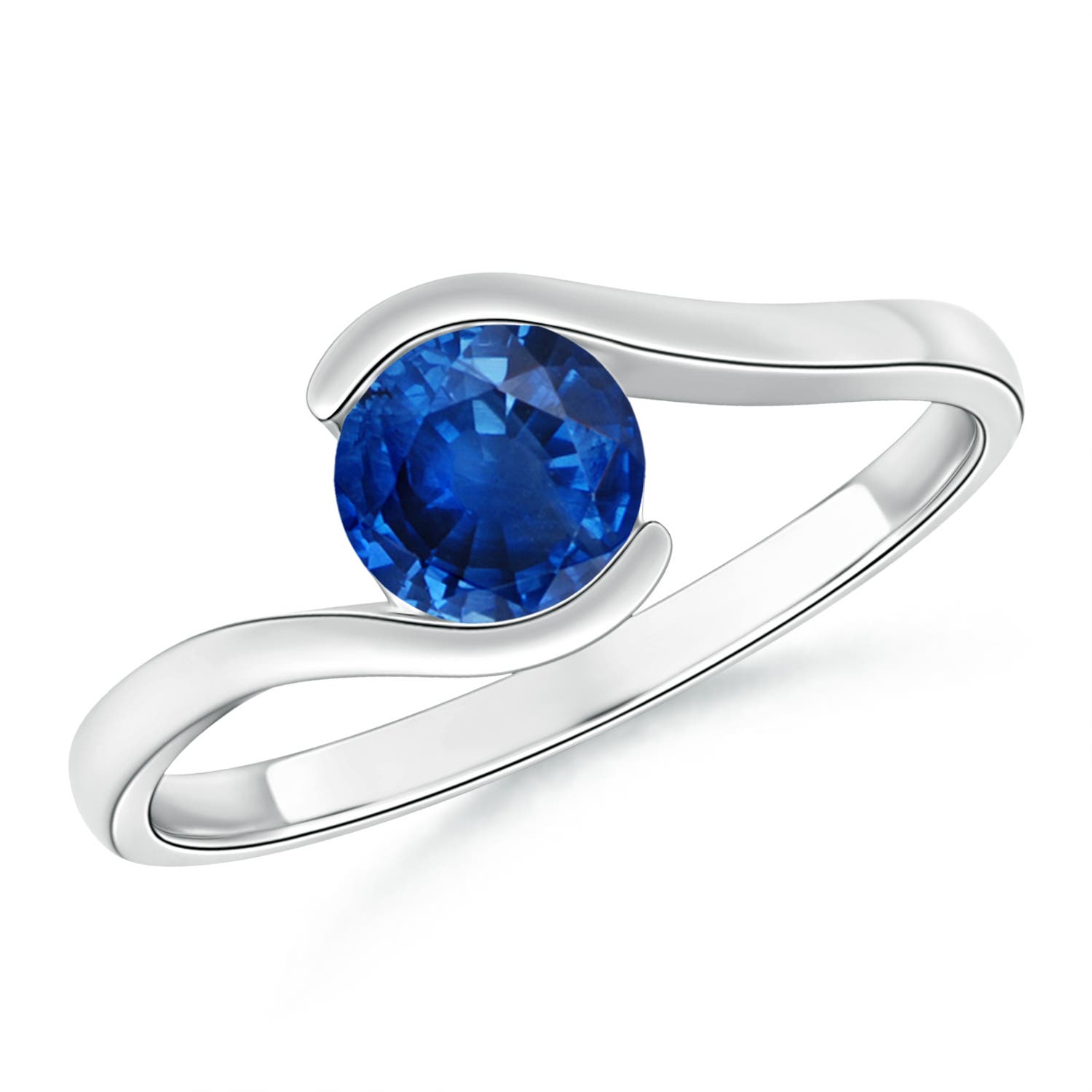 5.5mm AAA Semi Bezel-Set Solitaire Round Blue Sapphire Bypass Ring in 18K White Gold