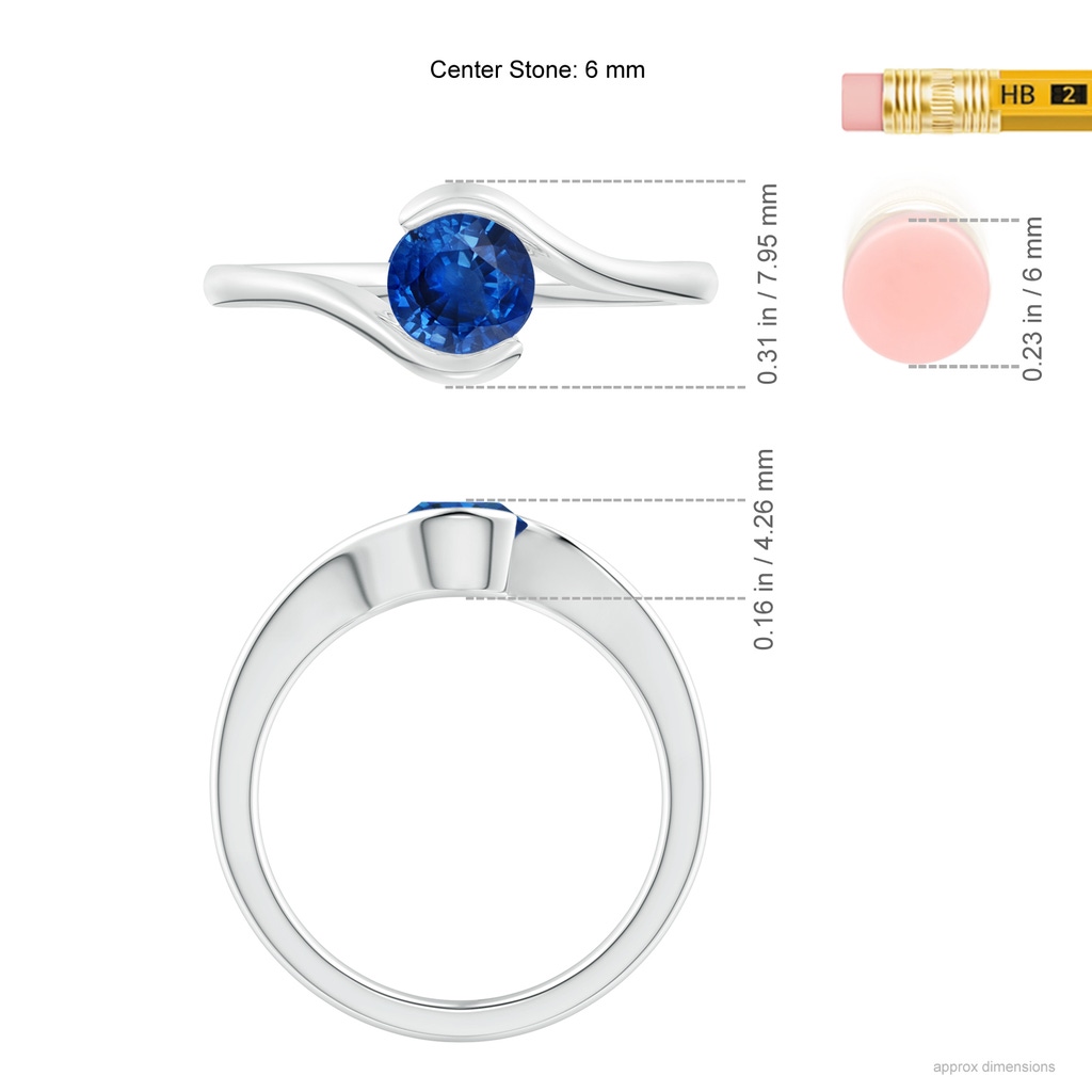 5.5mm AAA Semi Bezel-Set Solitaire Round Blue Sapphire Bypass Ring in P950 Platinum ruler