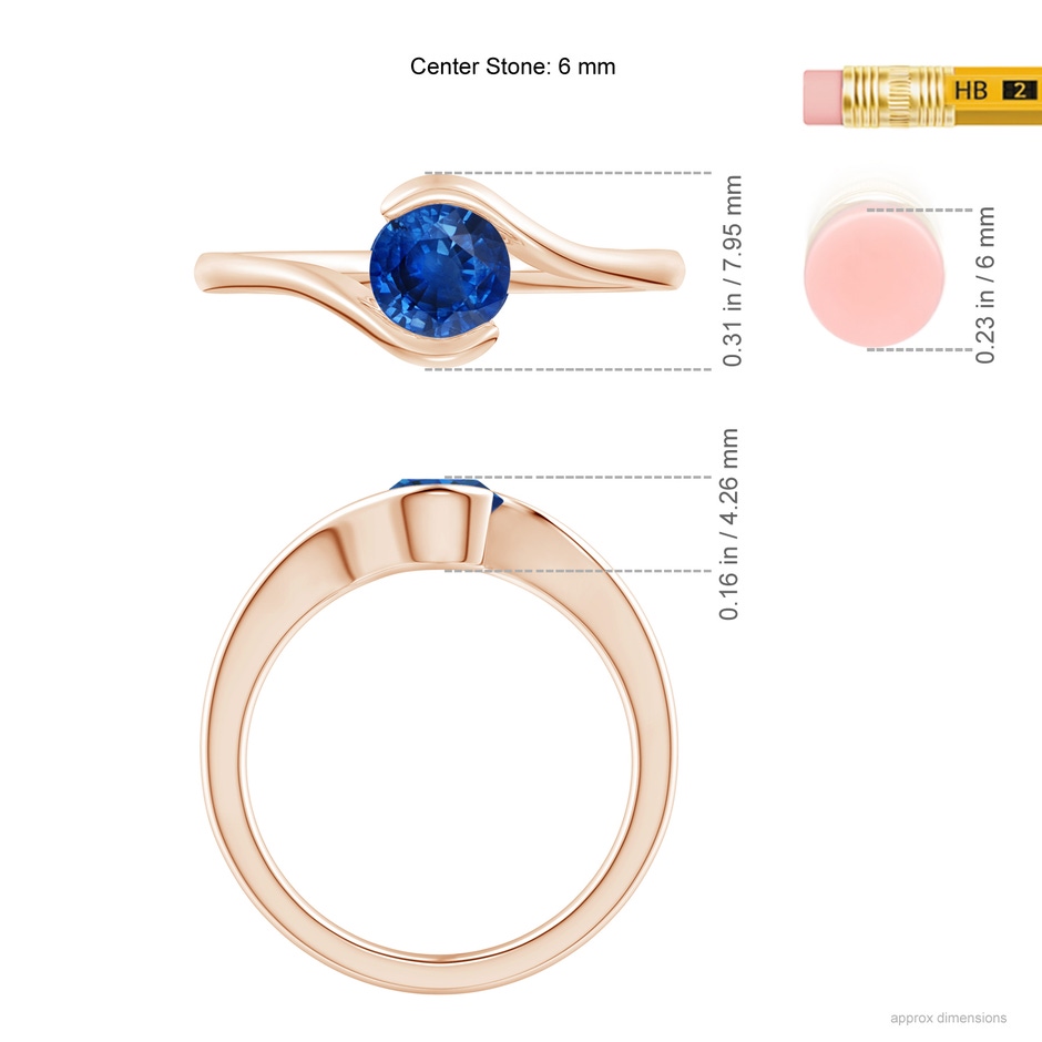 5.5mm AAA Semi Bezel-Set Solitaire Round Blue Sapphire Bypass Ring in Rose Gold ruler