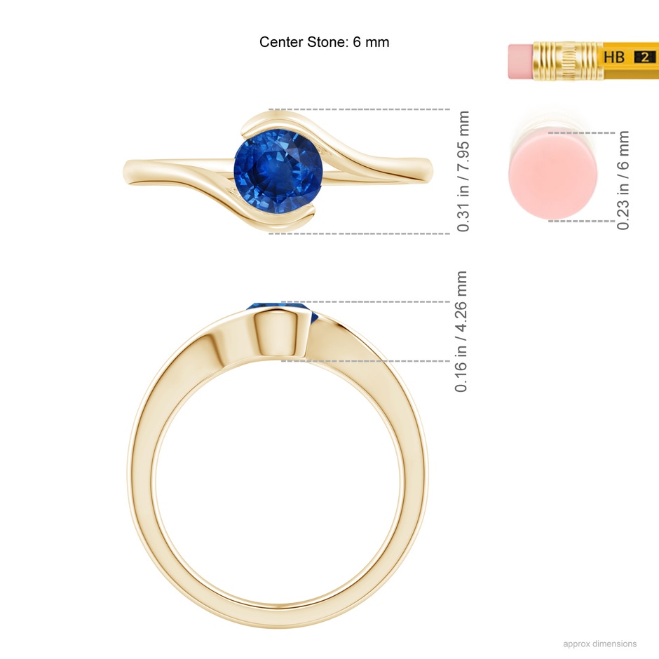 5.5mm AAA Semi Bezel-Set Solitaire Round Blue Sapphire Bypass Ring in Yellow Gold ruler