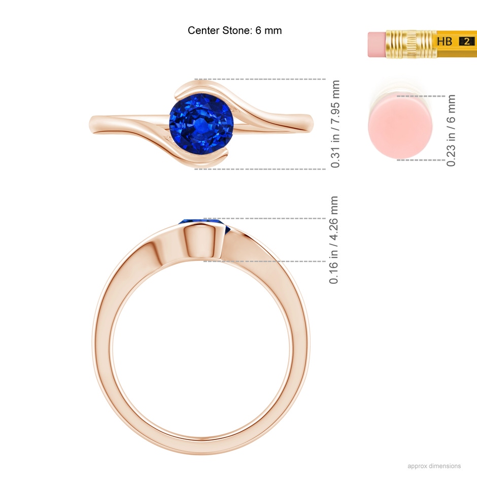5.5mm AAAA Semi Bezel-Set Solitaire Round Blue Sapphire Bypass Ring in Rose Gold ruler