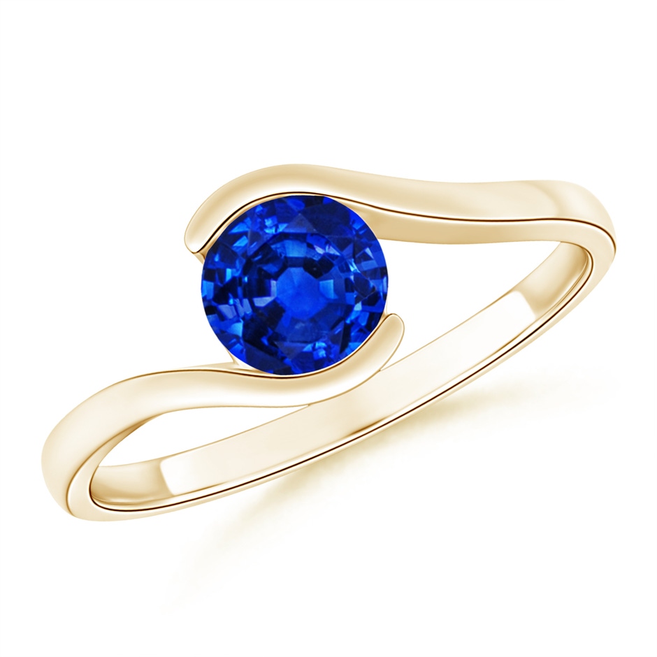 5.5mm AAAA Semi Bezel-Set Solitaire Round Blue Sapphire Bypass Ring in Yellow Gold 