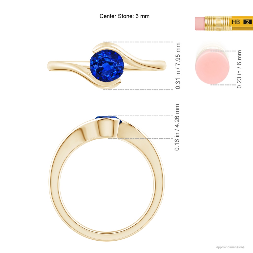 5.5mm AAAA Semi Bezel-Set Solitaire Round Blue Sapphire Bypass Ring in Yellow Gold ruler