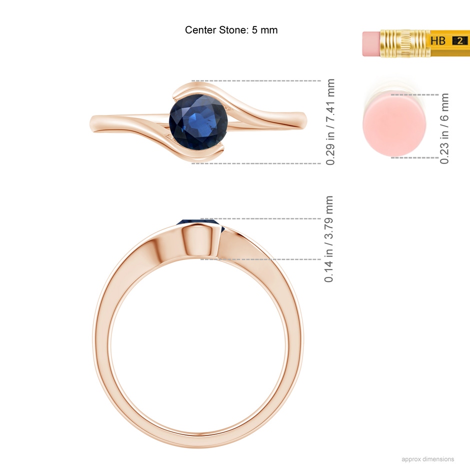 5mm AA Semi Bezel-Set Solitaire Round Blue Sapphire Bypass Ring in Rose Gold ruler