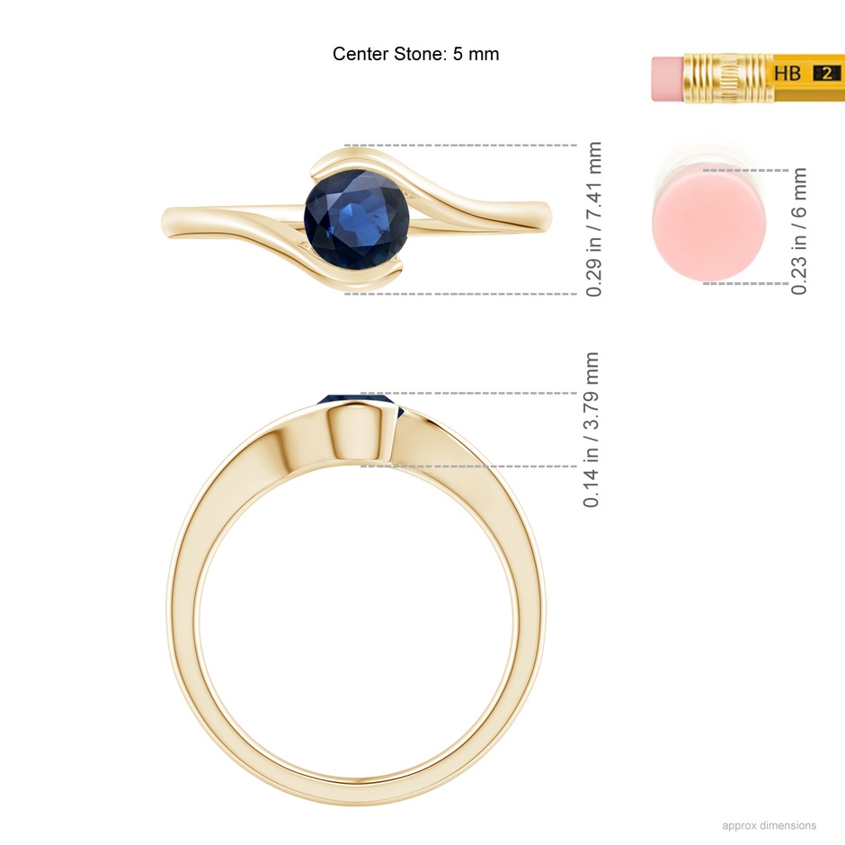 5mm AA Semi Bezel-Set Solitaire Round Blue Sapphire Bypass Ring in Yellow Gold ruler