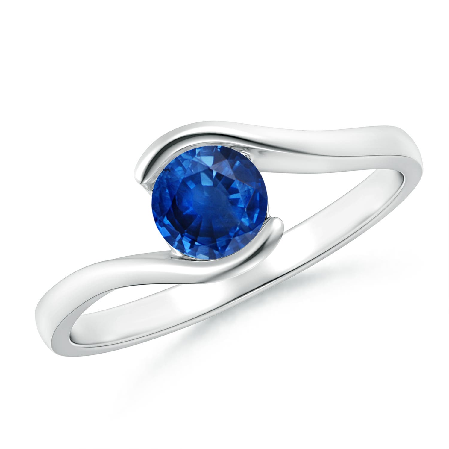 5mm AAA Semi Bezel-Set Solitaire Round Blue Sapphire Bypass Ring in 18K White Gold