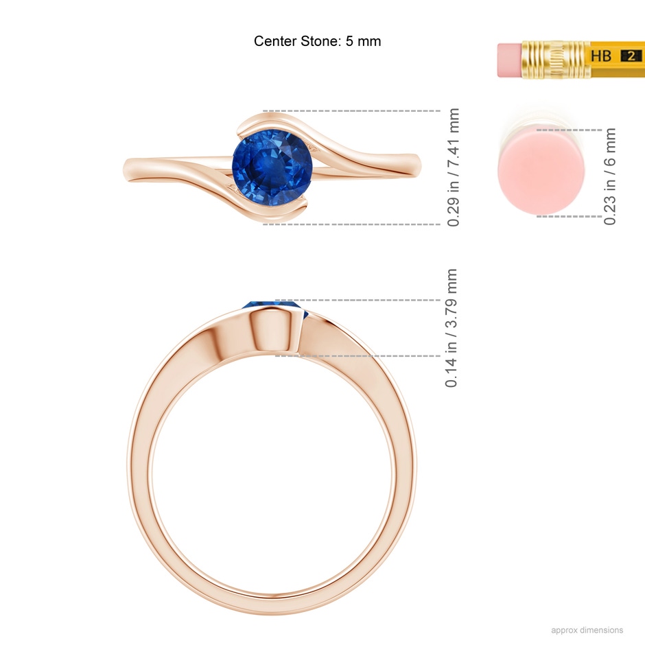 5mm AAA Semi Bezel-Set Solitaire Round Blue Sapphire Bypass Ring in Rose Gold ruler
