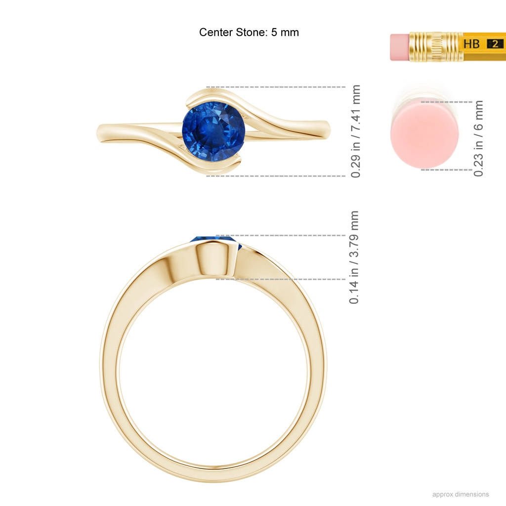 5mm AAA Semi Bezel-Set Solitaire Round Blue Sapphire Bypass Ring in Yellow Gold ruler