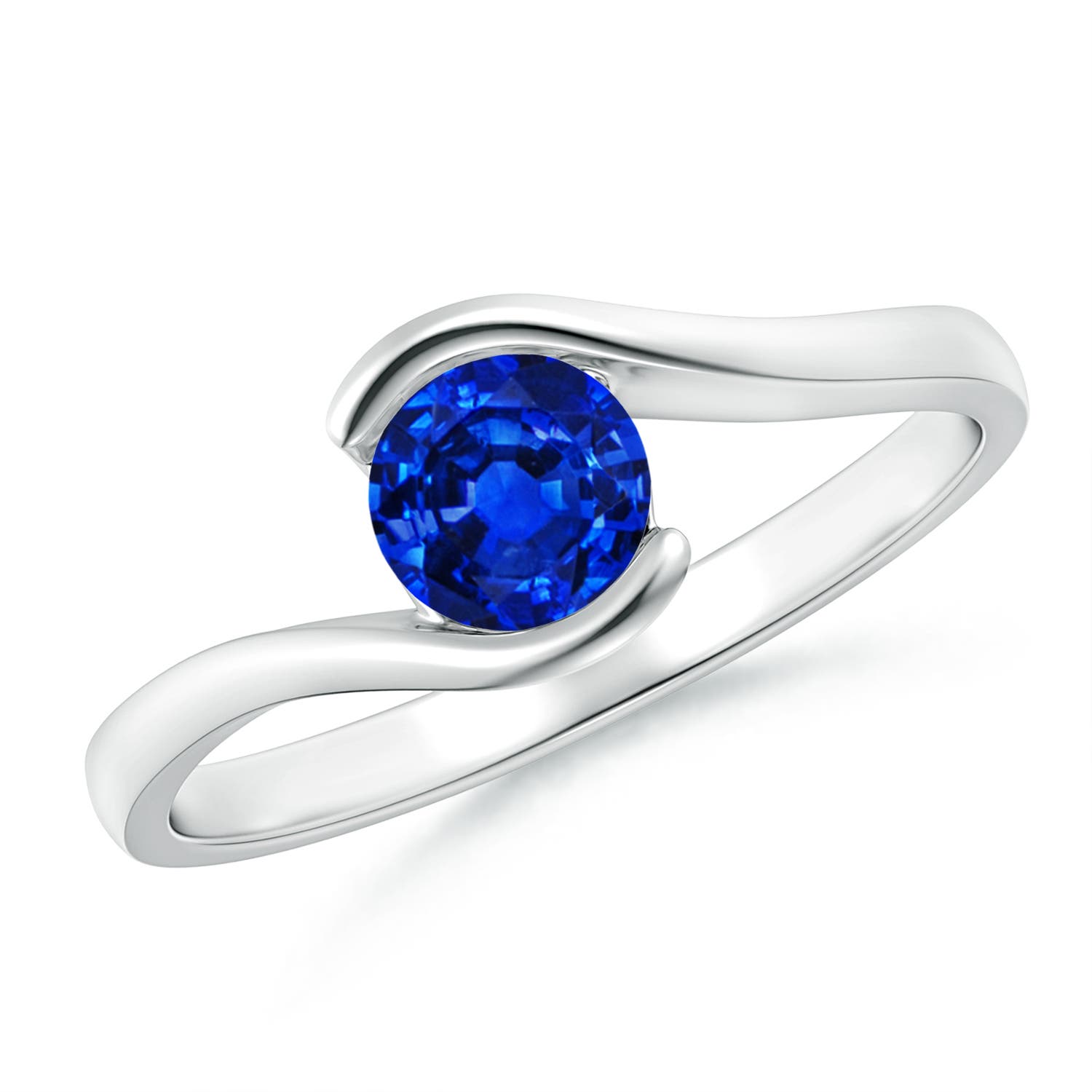 5mm AAAA Semi Bezel-Set Solitaire Round Blue Sapphire Bypass Ring in 18K White Gold