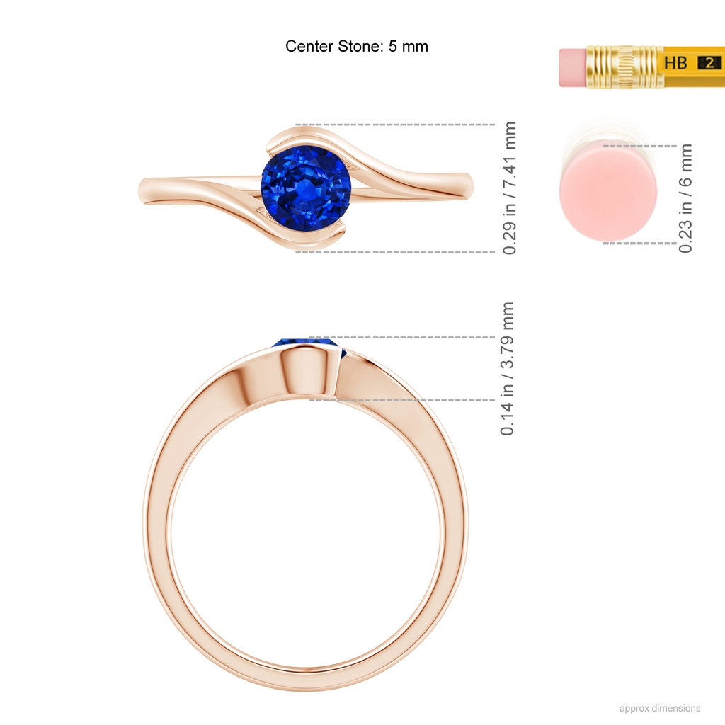 5mm AAAA Semi Bezel-Set Solitaire Round Blue Sapphire Bypass Ring in Rose Gold ruler