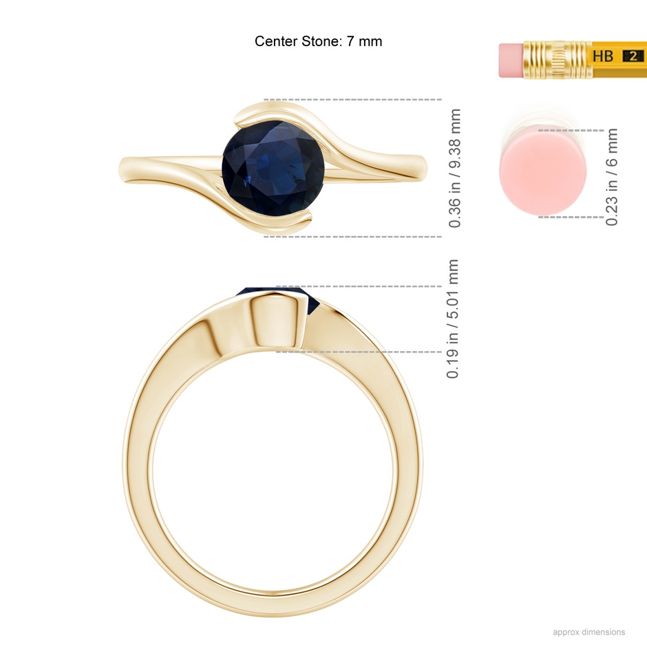 6.5mm A Semi Bezel-Set Solitaire Round Blue Sapphire Bypass Ring in Yellow Gold ruler
