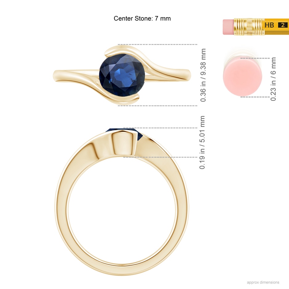 6.5mm AA Semi Bezel-Set Solitaire Round Blue Sapphire Bypass Ring in Yellow Gold ruler