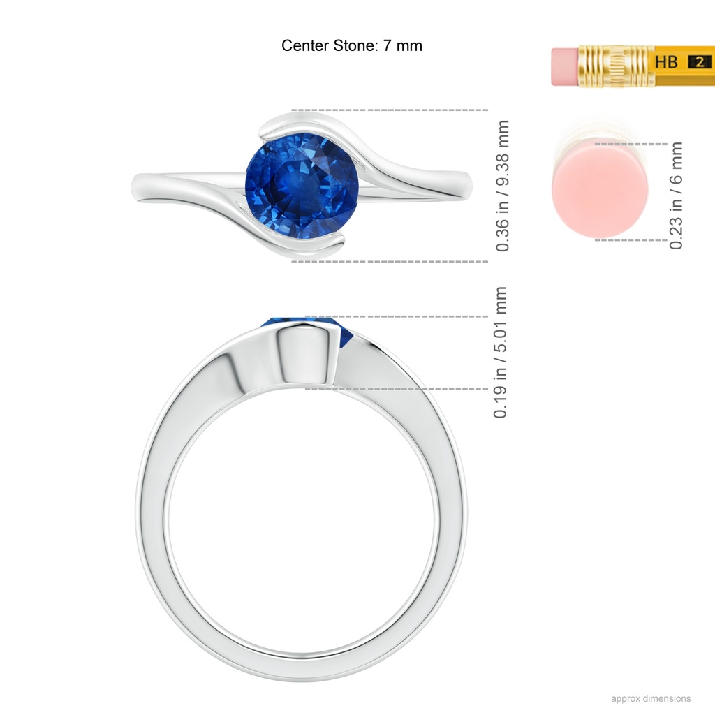 6.5mm AAA Semi Bezel-Set Solitaire Round Blue Sapphire Bypass Ring in P950 Platinum ruler