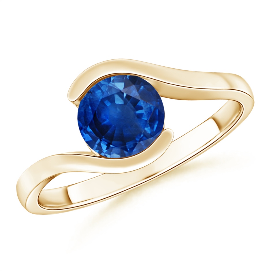 6.5mm AAA Semi Bezel-Set Solitaire Round Blue Sapphire Bypass Ring in Yellow Gold 