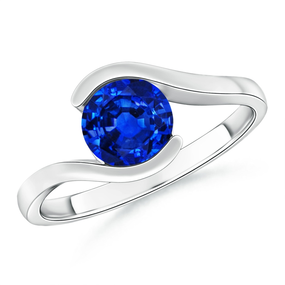 6.5mm AAAA Semi Bezel-Set Solitaire Round Blue Sapphire Bypass Ring in White Gold 