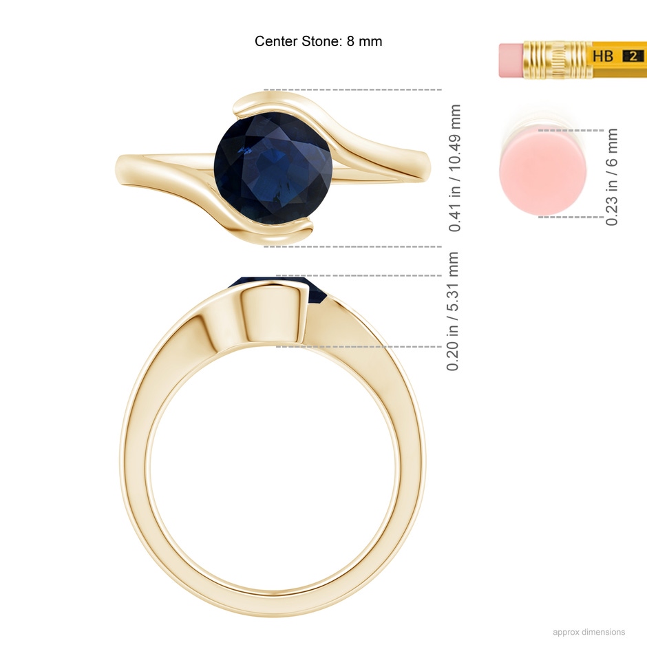 7.5mm A Semi Bezel-Set Solitaire Round Blue Sapphire Bypass Ring in Yellow Gold ruler